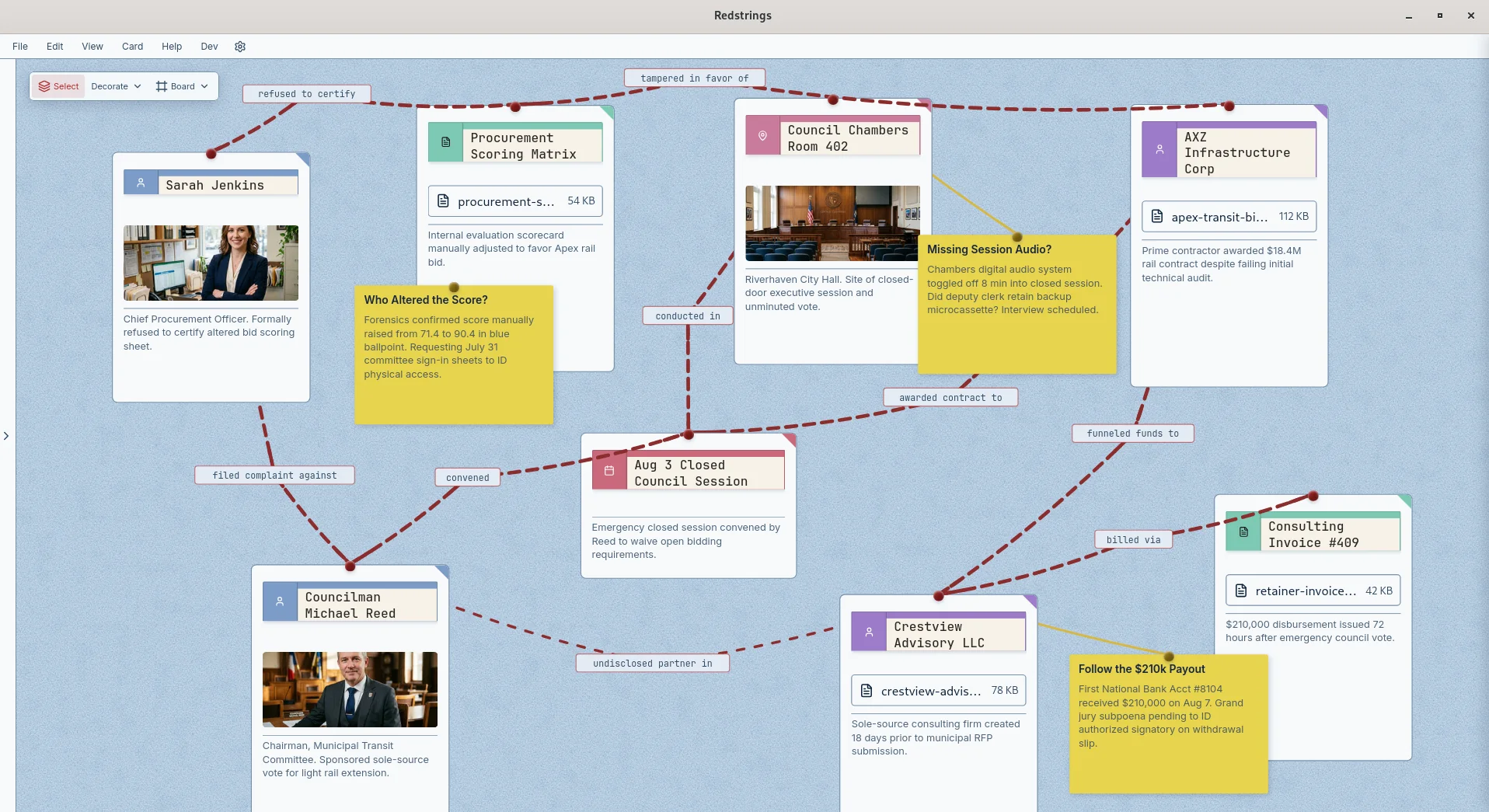 A municipal corruption case board in Redstrings mapping whistleblowers, public officials, shell contractors, and active investigative question cards
