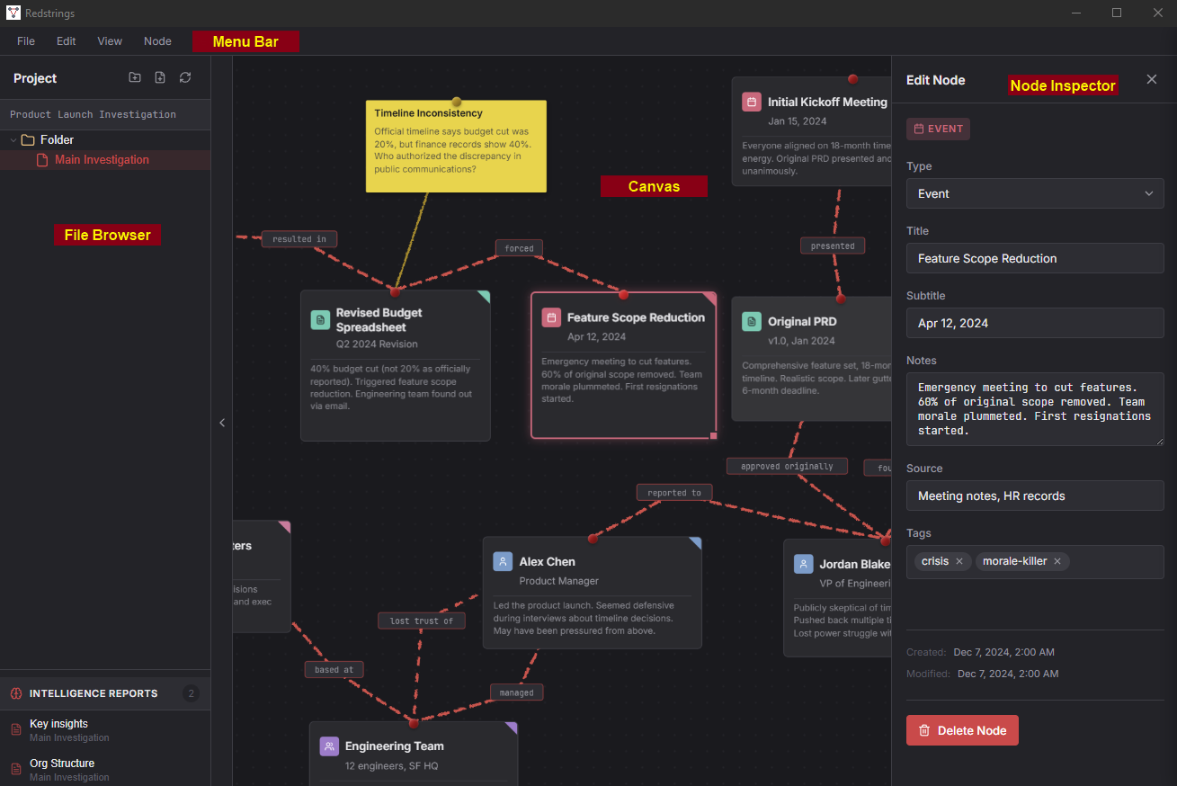 Full app interface with labeled areas - Menu Bar, File Browser sidebar, Canvas, and Node Inspector panel