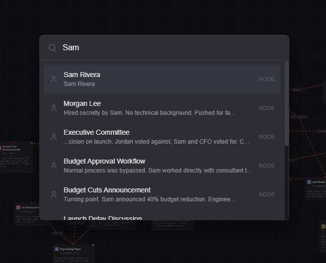 Search palette open with search results showing matching nodes