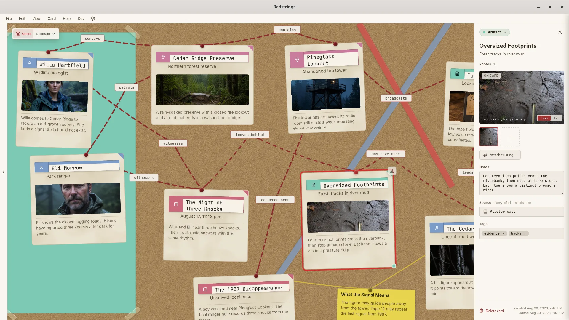 A digital detective board in Redstrings with cards for people, places, events, and evidence connected by labeled strings
