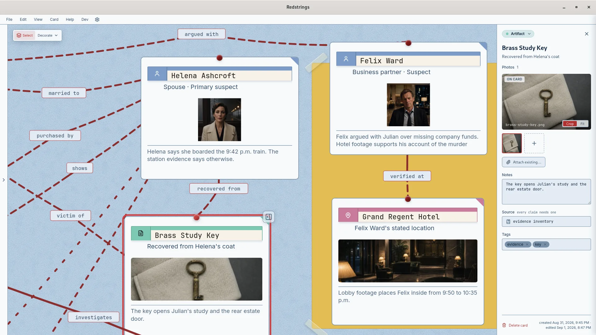 The Redstrings editor showing characters, evidence, and locations connected on a story board